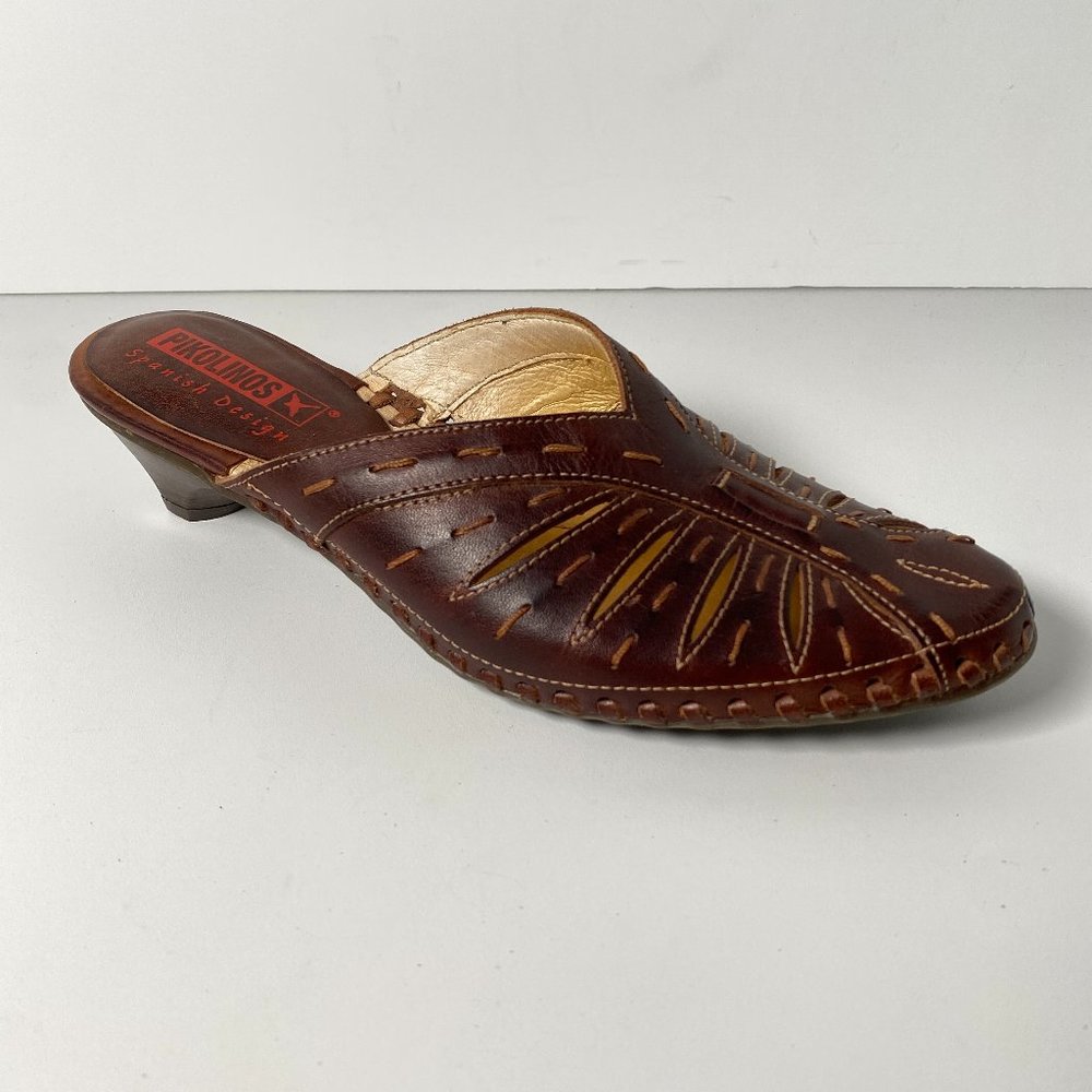 Pikolinos Perforated Leather Mule Sandals Slip On Flats 35 Brown Woven Cut Out